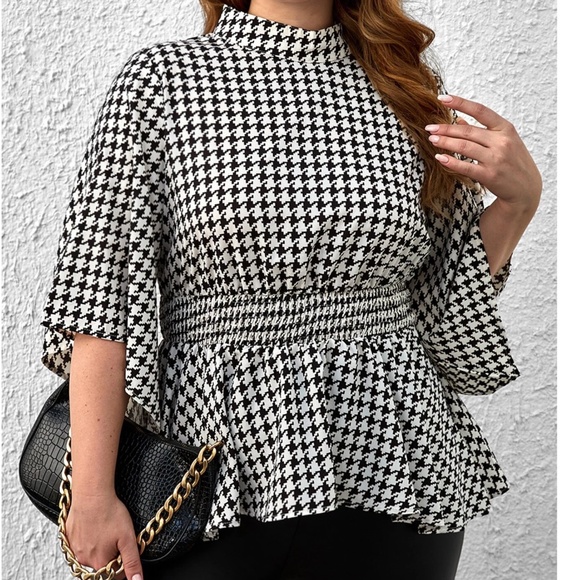 Plus Classic Houndstooth Print Blouse - Picture 1 of 7